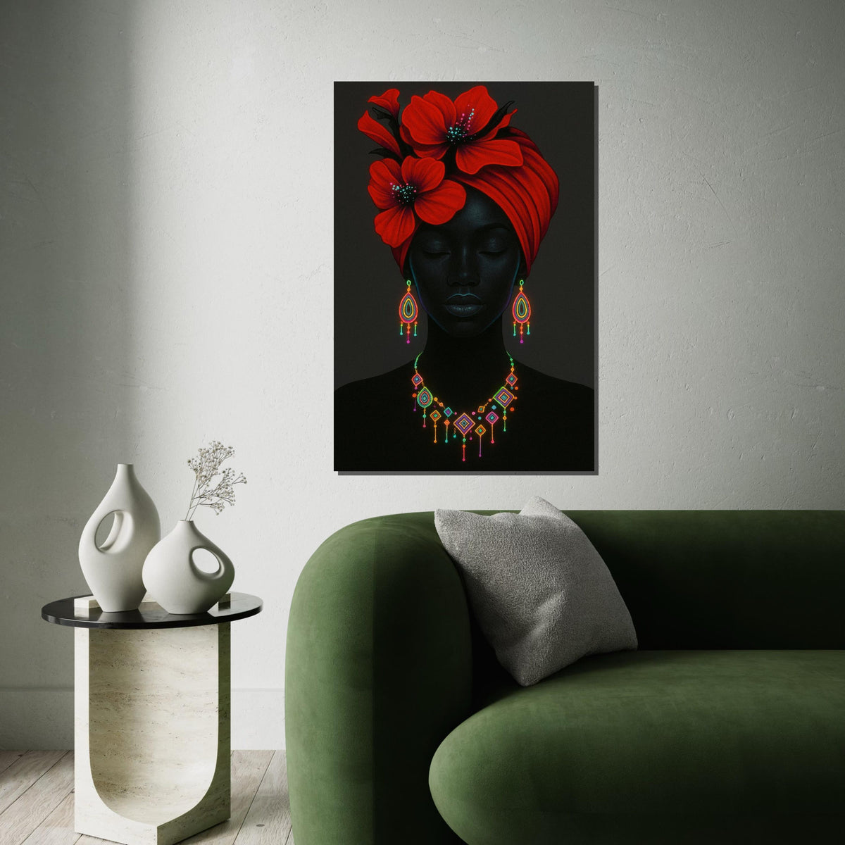 Elegant Red Flower Headwrap, Neon Jewelry Art, Afrocentric Canvas, Vibrant Wall Art Design, Ready to Hang Décor, Portrait Poster