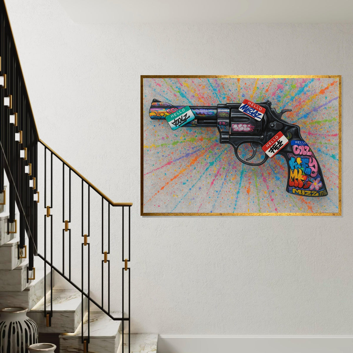 Graffiti Revolver Canvas Art, Colorful Splatter Gun Poster, Wall Art Canvas Design, Ready to Hang Street Art Decoration,Canvas Print