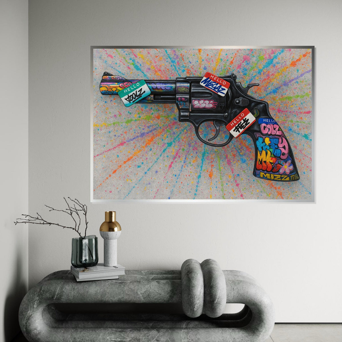 Graffiti Revolver Canvas Art, Colorful Splatter Gun Poster, Wall Art Canvas Design, Ready to Hang Street Art Decoration,Canvas Print