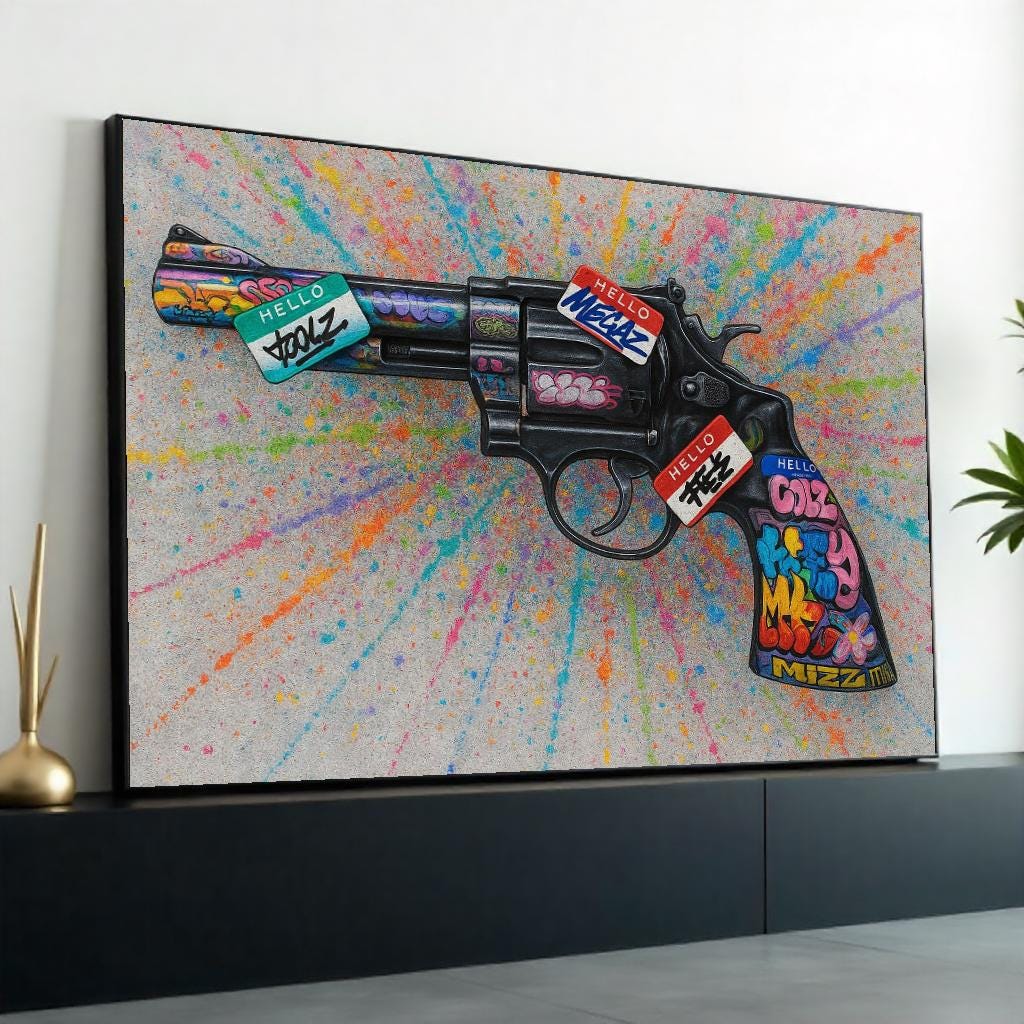Graffiti Revolver Canvas Art, Colorful Splatter Gun Poster, Wall Art Canvas Design, Ready to Hang Street Art Decoration,Canvas Print