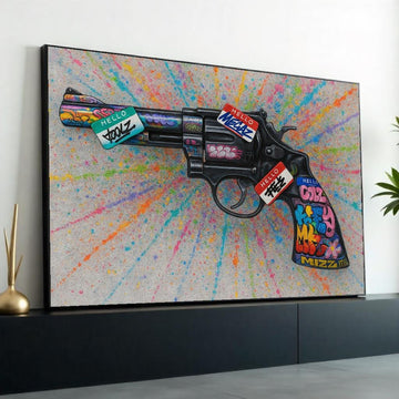 Graffiti Revolver Canvas Art, Colorful Splatter Gun Poster, Wall Art Canvas Design, Ready to Hang Street Art Decoration,Canvas Print
