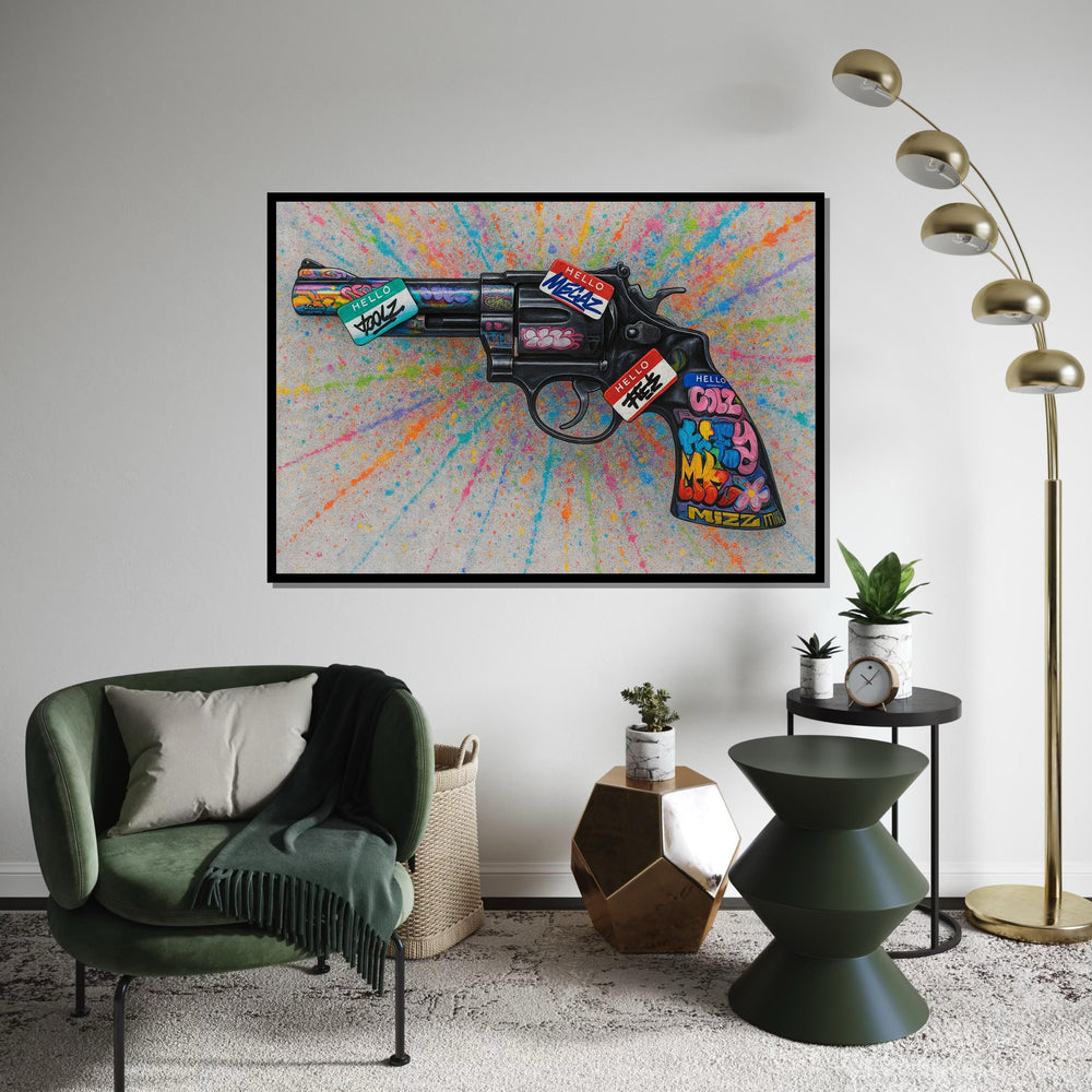 Graffiti Revolver Canvas Art, Colorful Splatter Gun Poster, Wall Art Canvas Design, Ready to Hang Street Art Decoration,Canvas Print