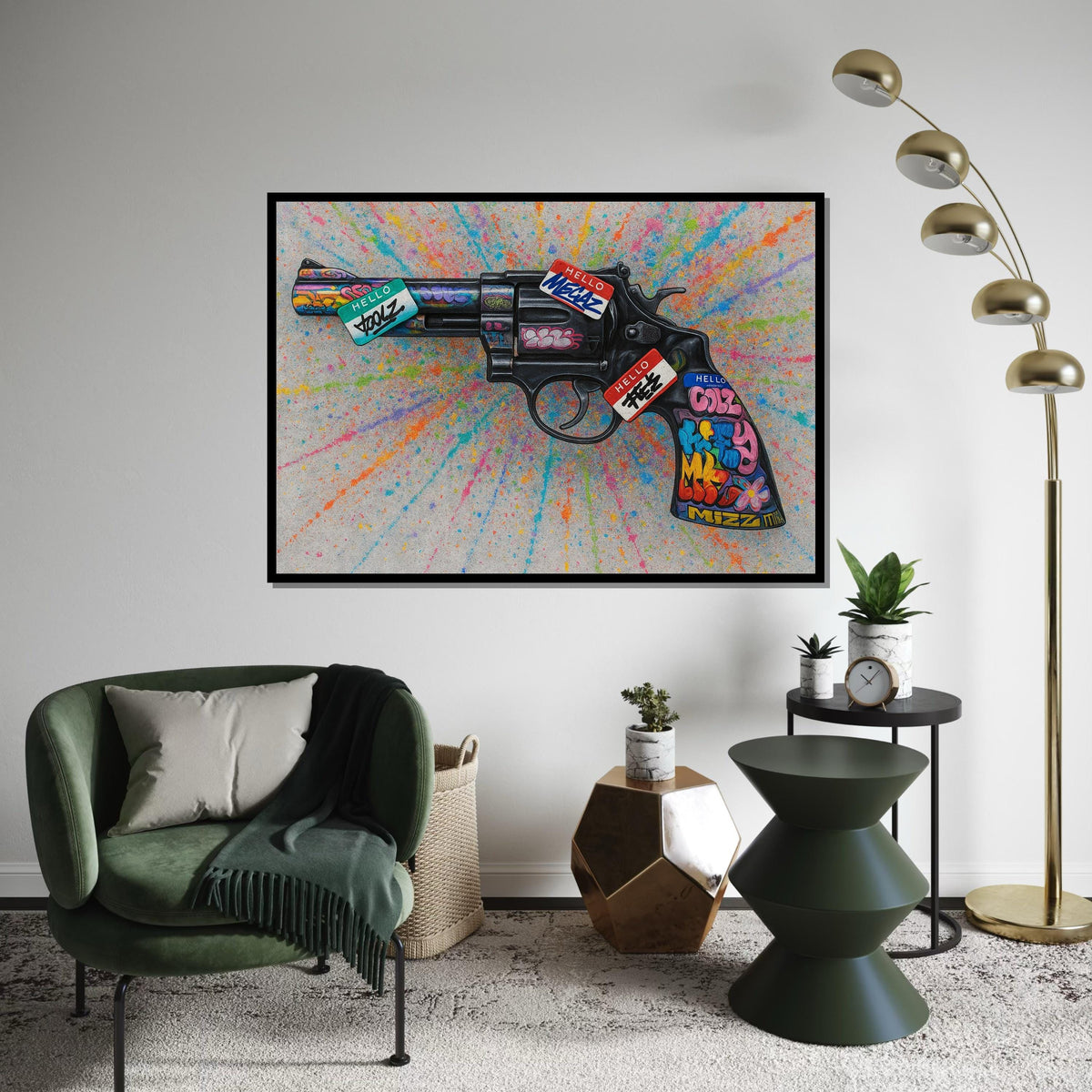 Graffiti Revolver Canvas Art, Colorful Splatter Gun Poster, Wall Art Canvas Design, Ready to Hang Street Art Decoration,Canvas Print