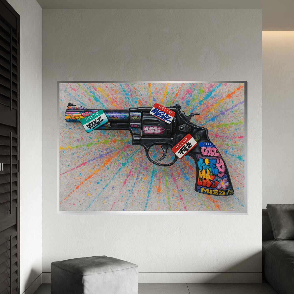Graffiti Revolver Canvas Art, Colorful Splatter Gun Poster, Wall Art Canvas Design, Ready to Hang Street Art Decoration,Canvas Print