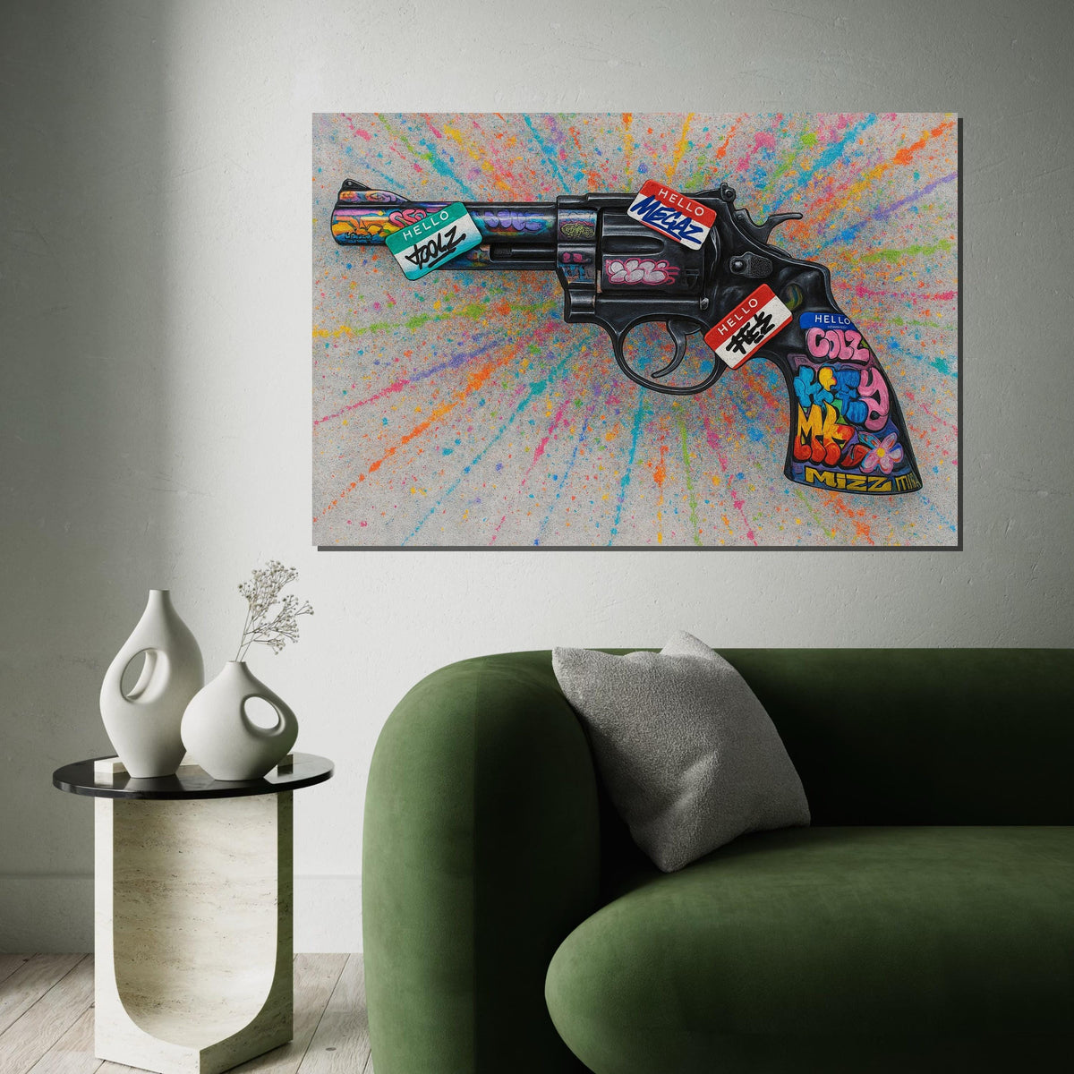 Graffiti Revolver Canvas Art, Colorful Splatter Gun Poster, Wall Art Canvas Design, Ready to Hang Street Art Decoration,Canvas Print