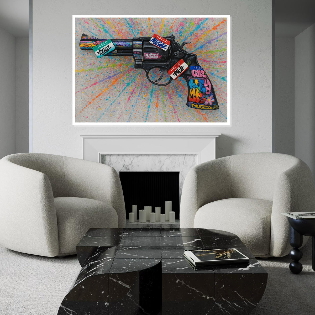 Graffiti Revolver Canvas Art, Colorful Splatter Gun Poster, Wall Art Canvas Design, Ready to Hang Street Art Decoration,Canvas Print