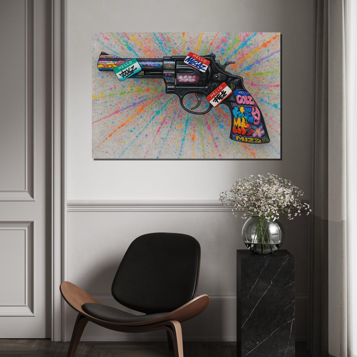 Graffiti Revolver Canvas Art, Colorful Splatter Gun Poster, Wall Art Canvas Design, Ready to Hang Street Art Decoration,Canvas Print