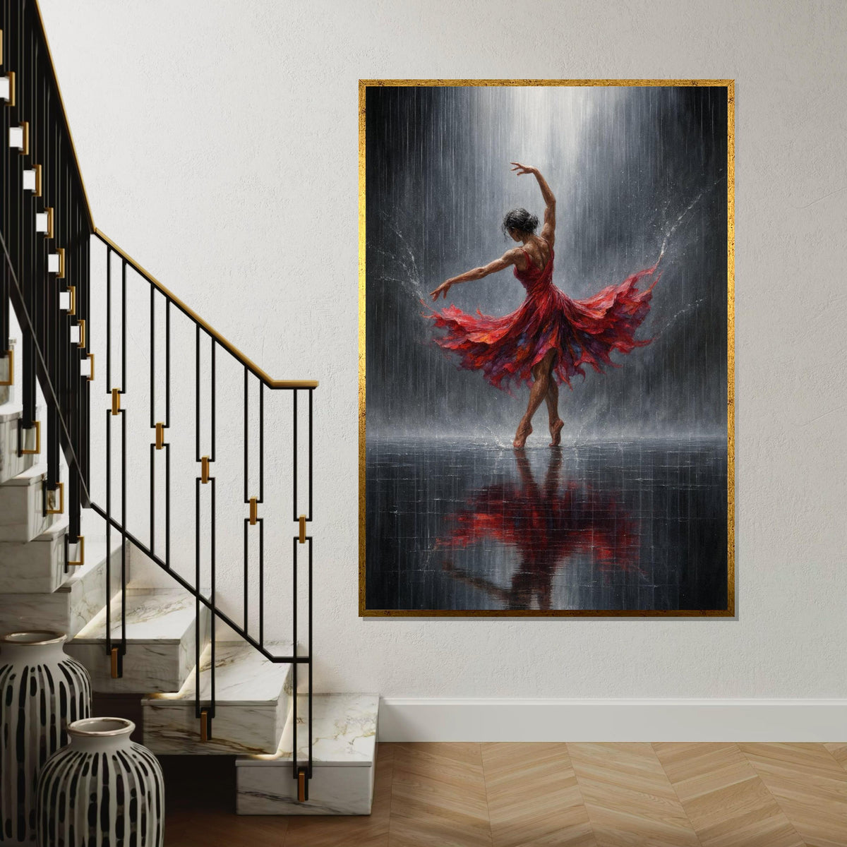 Print Art, Elegant Dancer in Red Canvas, Ballerina Wall Art, Dance in Rain Print, Art Canvas Design, Ready to Hang Decor