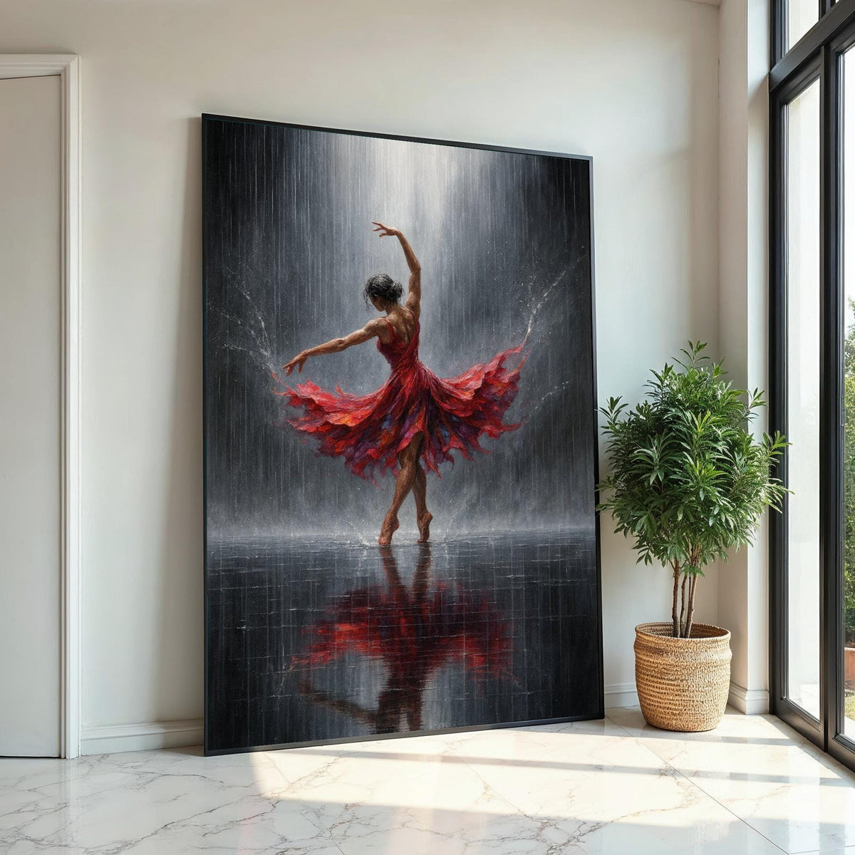 Print Art, Elegant Dancer in Red Canvas, Ballerina Wall Art, Dance in Rain Print, Art Canvas Design, Ready to Hang Decor