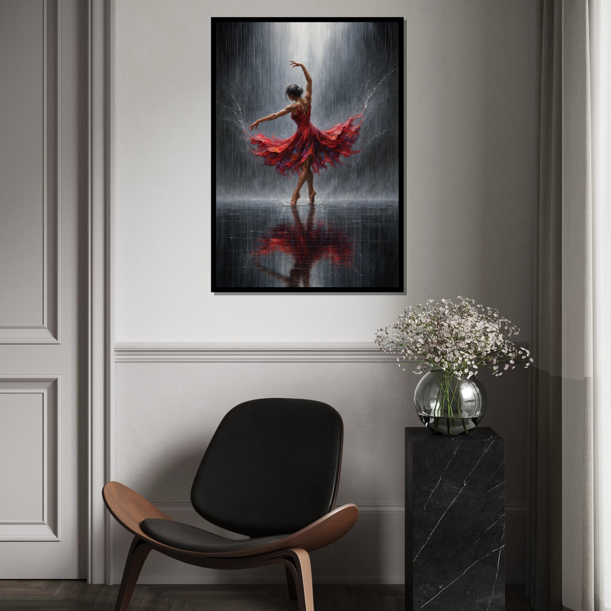 Print Art, Elegant Dancer in Red Canvas, Ballerina Wall Art, Dance in Rain Print, Art Canvas Design, Ready to Hang Decor