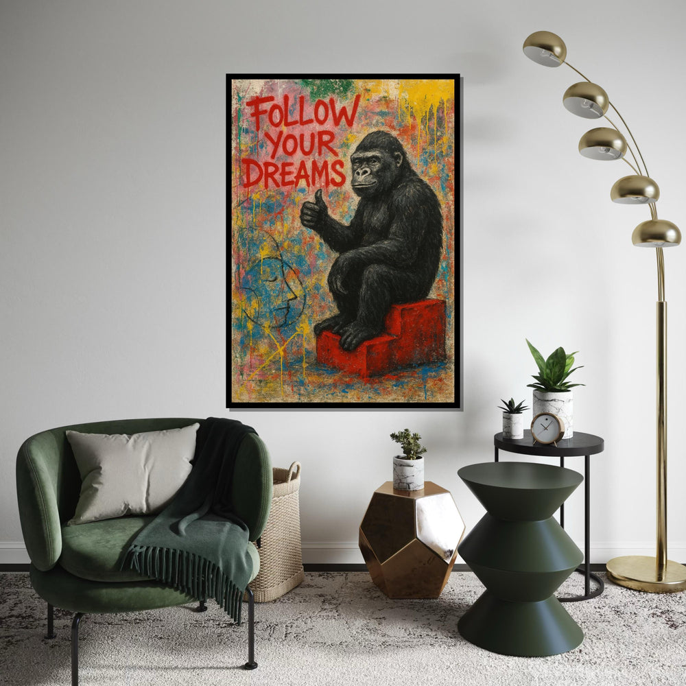 Gorilla Follow Dreams Canvas, Animal Art,Wall Art Canvas Design,Graffiti Art,Motivational Gorilla Poster, Ready To Hang Decoration