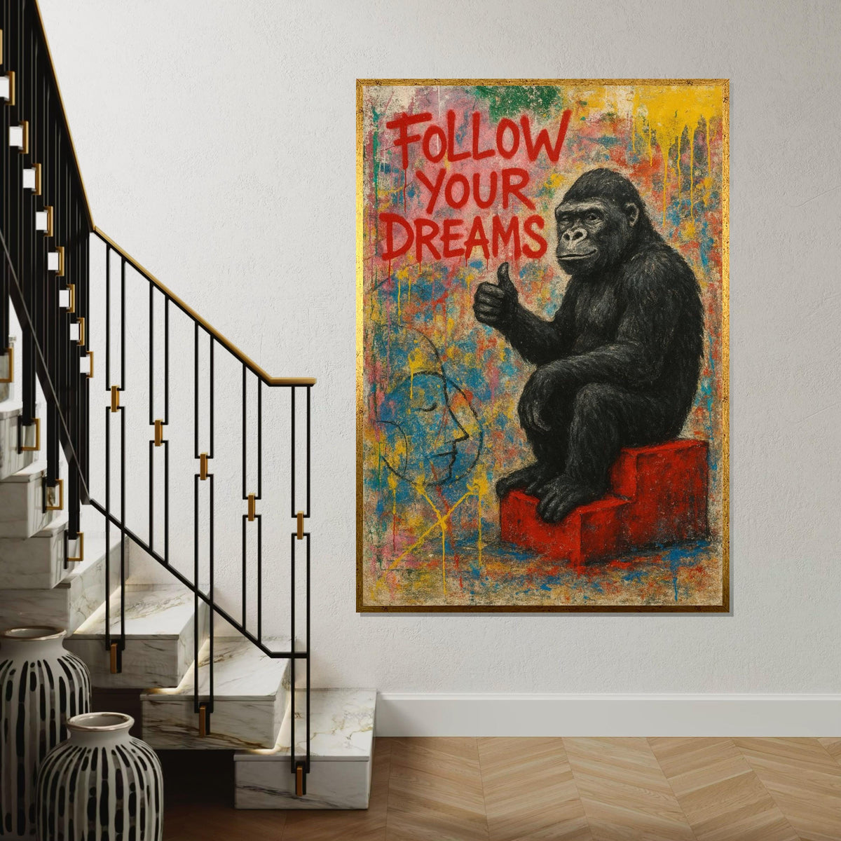 Gorilla Follow Dreams Canvas, Animal Art,Wall Art Canvas Design,Graffiti Art,Motivational Gorilla Poster, Ready To Hang Decoration