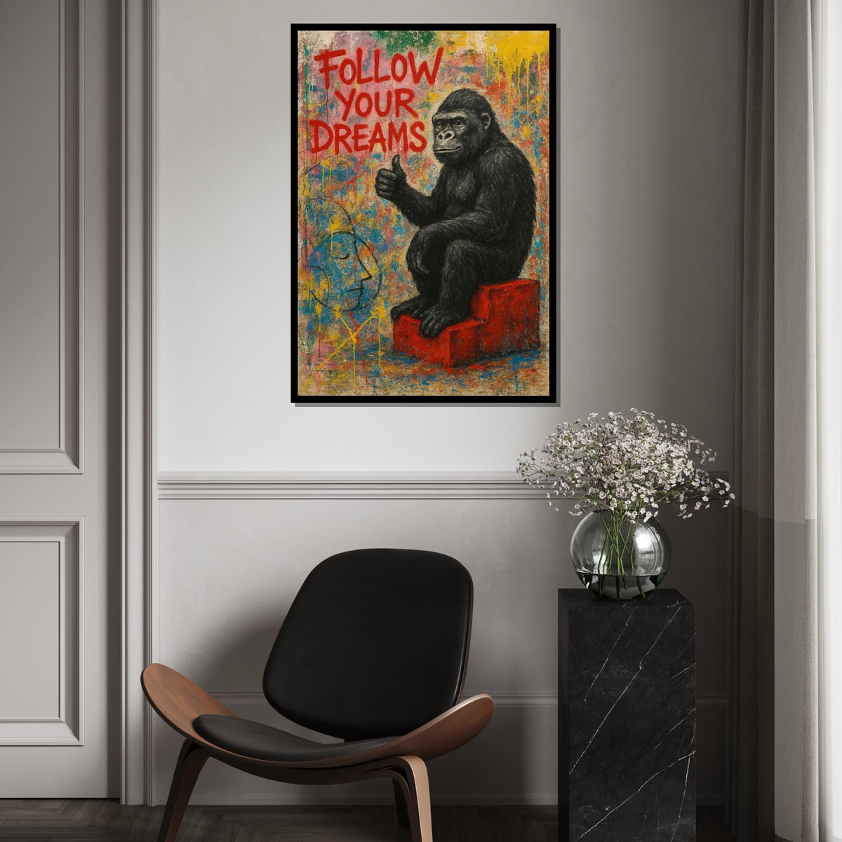 Gorilla Follow Dreams Canvas, Animal Art,Wall Art Canvas Design,Graffiti Art,Motivational Gorilla Poster, Ready To Hang Decoration