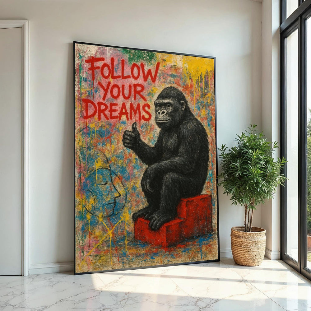 Gorilla Follow Dreams Canvas, Animal Art,Wall Art Canvas Design,Graffiti Art,Motivational Gorilla Poster, Ready To Hang Decoration