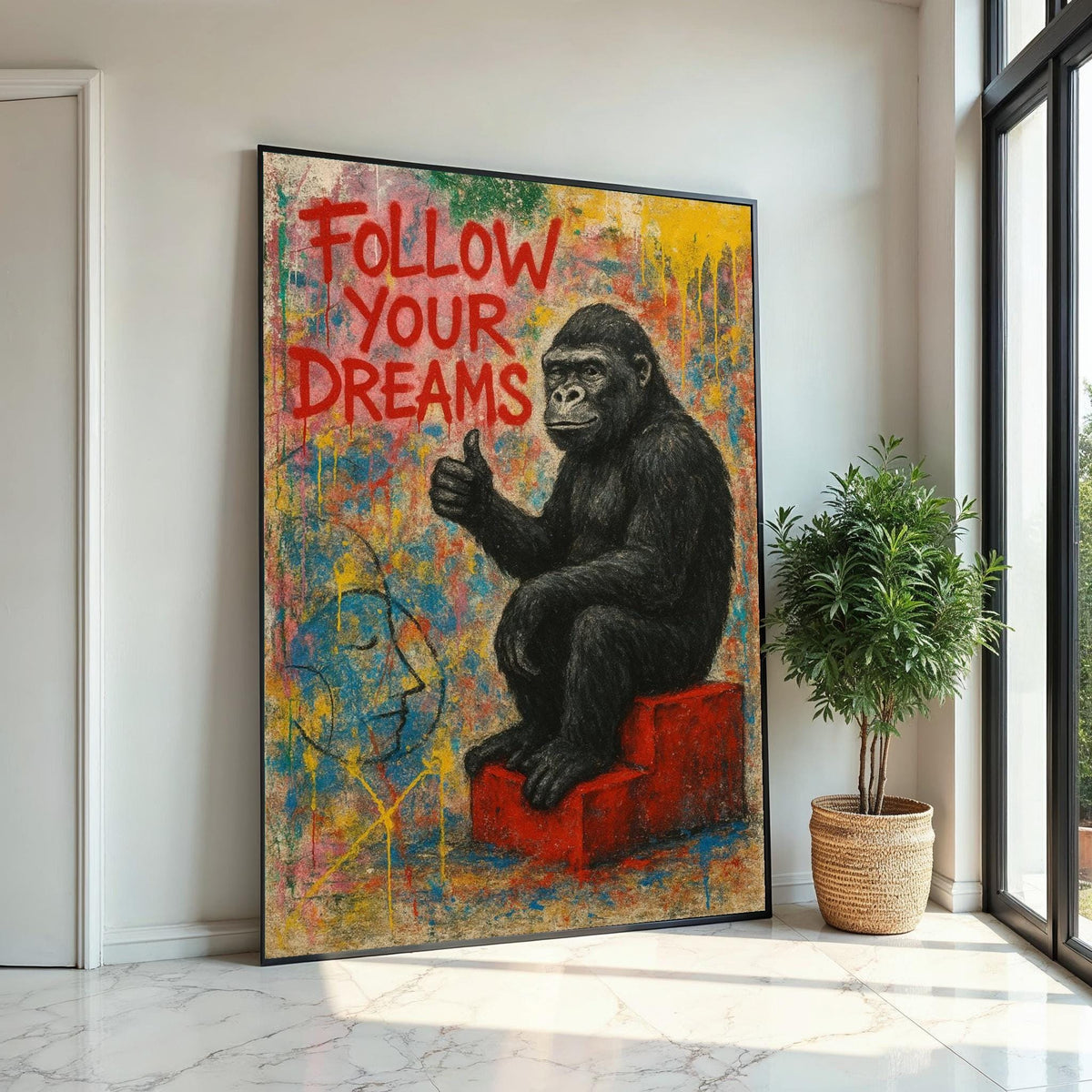 Gorilla Follow Dreams Canvas, Animal Art,Wall Art Canvas Design,Graffiti Art,Motivational Gorilla Poster, Ready To Hang Decoration