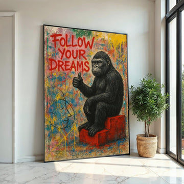 Gorilla Follow Dreams Canvas, Animal Art,Wall Art Canvas Design,Graffiti Art,Motivational Gorilla Poster, Ready To Hang Decoration