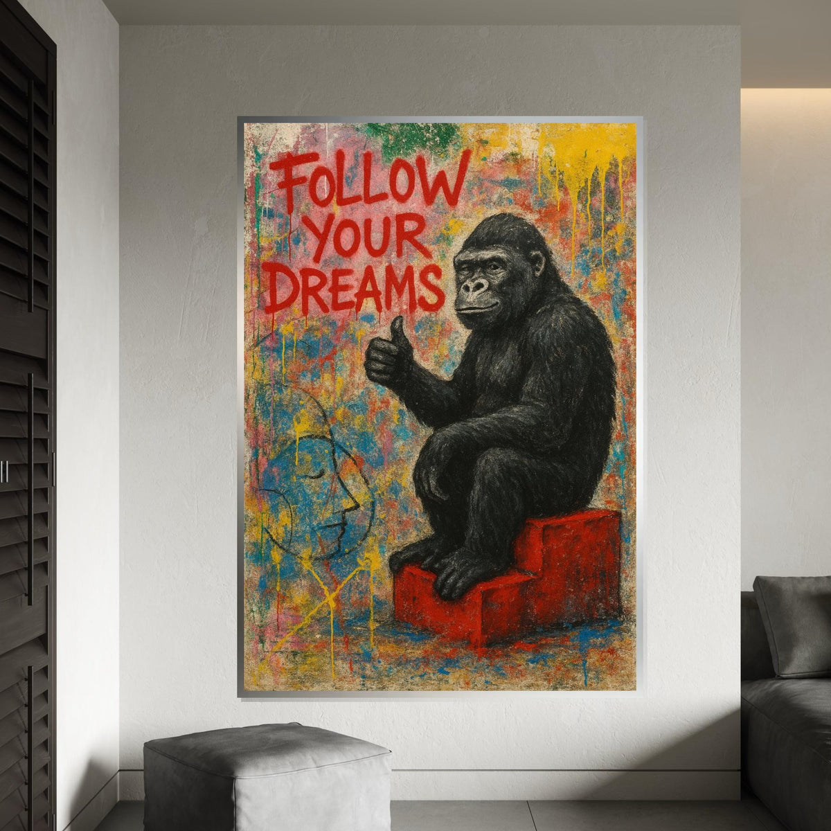 Gorilla Follow Dreams Canvas, Animal Art,Wall Art Canvas Design,Graffiti Art,Motivational Gorilla Poster, Ready To Hang Decoration