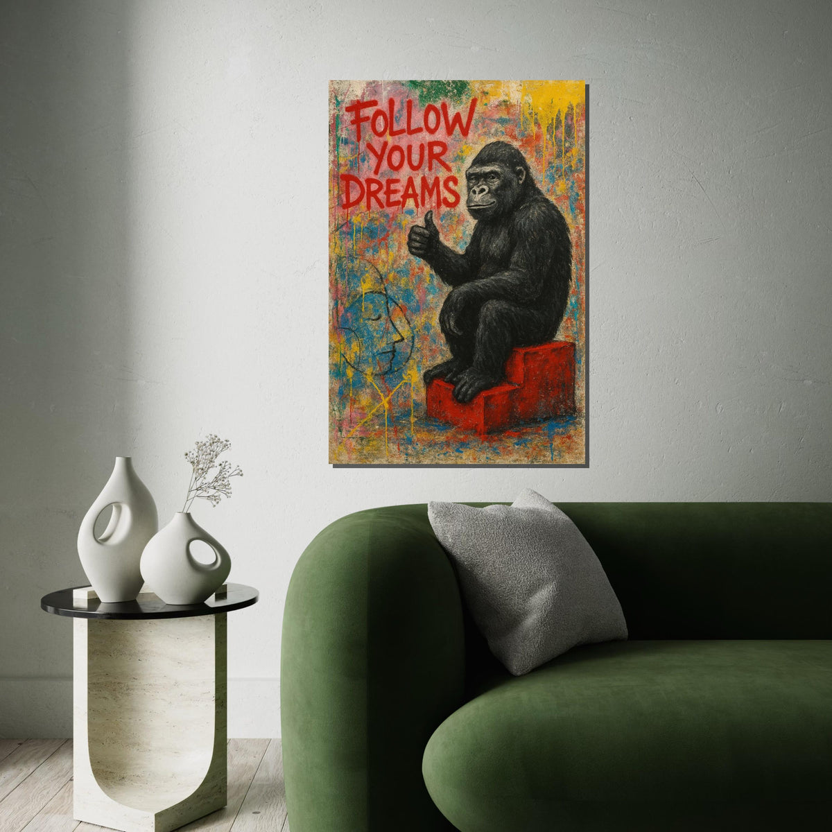 Gorilla Follow Dreams Canvas, Animal Art,Wall Art Canvas Design,Graffiti Art,Motivational Gorilla Poster, Ready To Hang Decoration