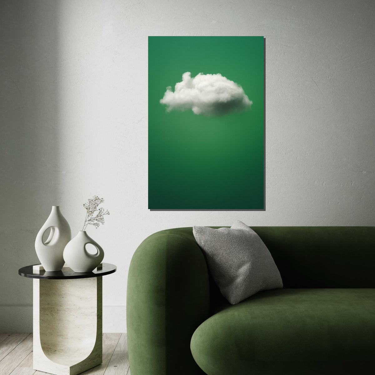 Cloud on Green Canvas, Minimalist Sky Wall Art, Dreamy Cloud Print, Wall Art Canvas Design, Ready to Hang Decoration, Modern Decor