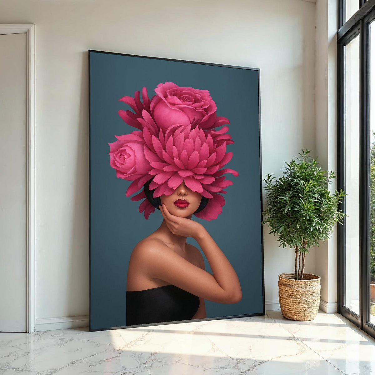 Floral Elegance Portrait, Pink Flower Hat, Woman Fashion Wall Art, Artistic Canvas Design, Modern Home Decor, Ready To Hang Canvas