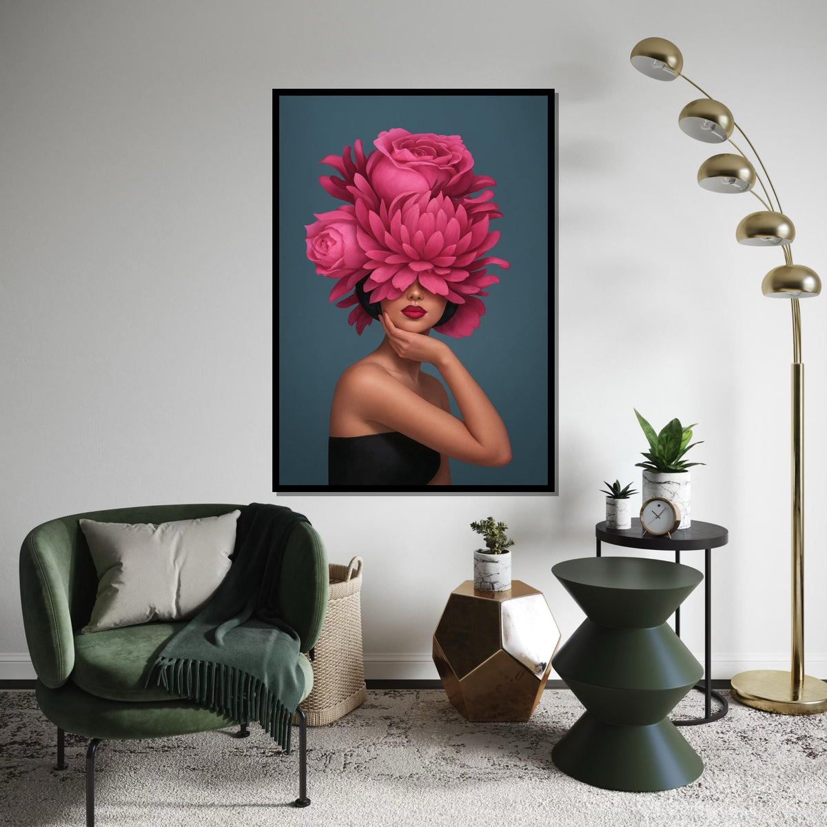 Floral Elegance Portrait, Pink Flower Hat, Woman Fashion Wall Art, Artistic Canvas Design, Modern Home Decor, Ready To Hang Canvas