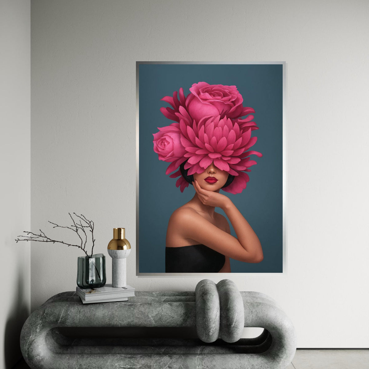 Floral Elegance Portrait, Pink Flower Hat, Woman Fashion Wall Art, Artistic Canvas Design, Modern Home Decor, Ready To Hang Canvas