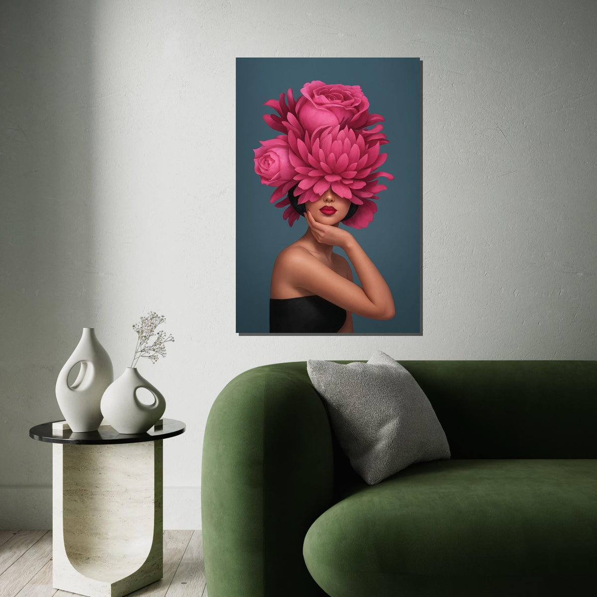 Floral Elegance Portrait, Pink Flower Hat, Woman Fashion Wall Art, Artistic Canvas Design, Modern Home Decor, Ready To Hang Canvas