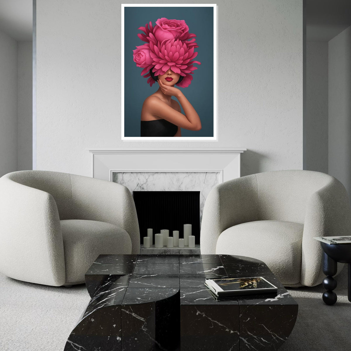 Floral Elegance Portrait, Pink Flower Hat, Woman Fashion Wall Art, Artistic Canvas Design, Modern Home Decor, Ready To Hang Canvas