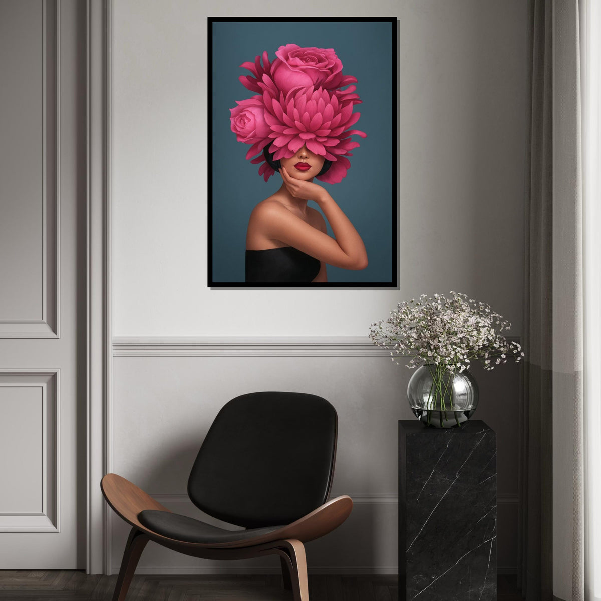 Floral Elegance Portrait, Pink Flower Hat, Woman Fashion Wall Art, Artistic Canvas Design, Modern Home Decor, Ready To Hang Canvas