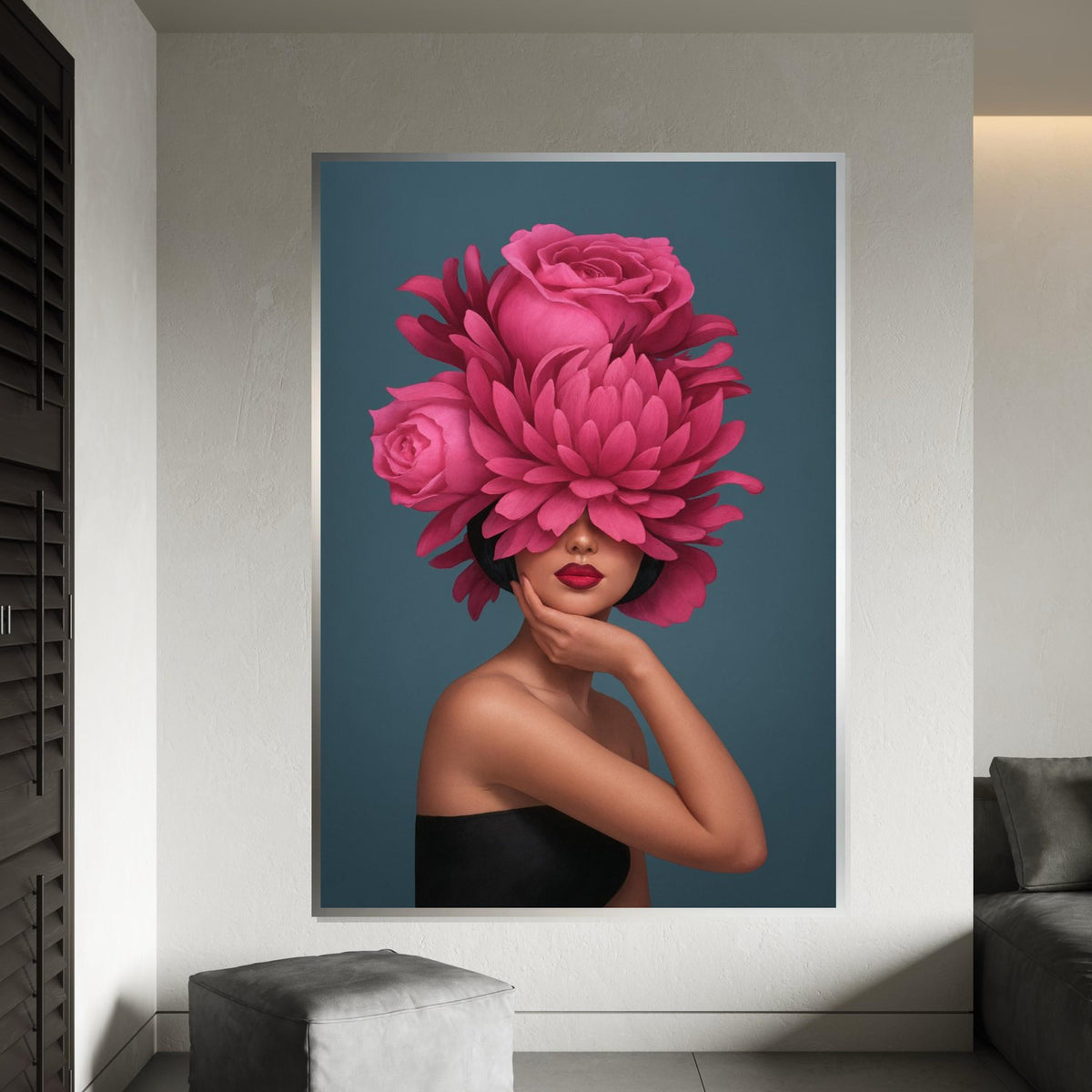 Floral Elegance Portrait, Pink Flower Hat, Woman Fashion Wall Art, Artistic Canvas Design, Modern Home Decor, Ready To Hang Canvas