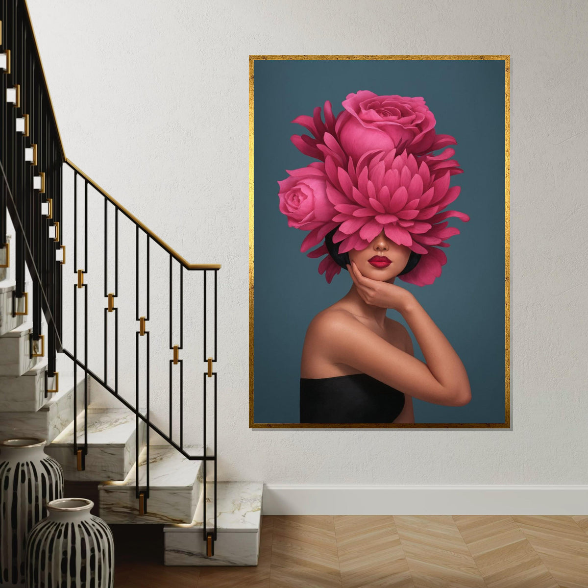 Floral Elegance Portrait, Pink Flower Hat, Woman Fashion Wall Art, Artistic Canvas Design, Modern Home Decor, Ready To Hang Canvas