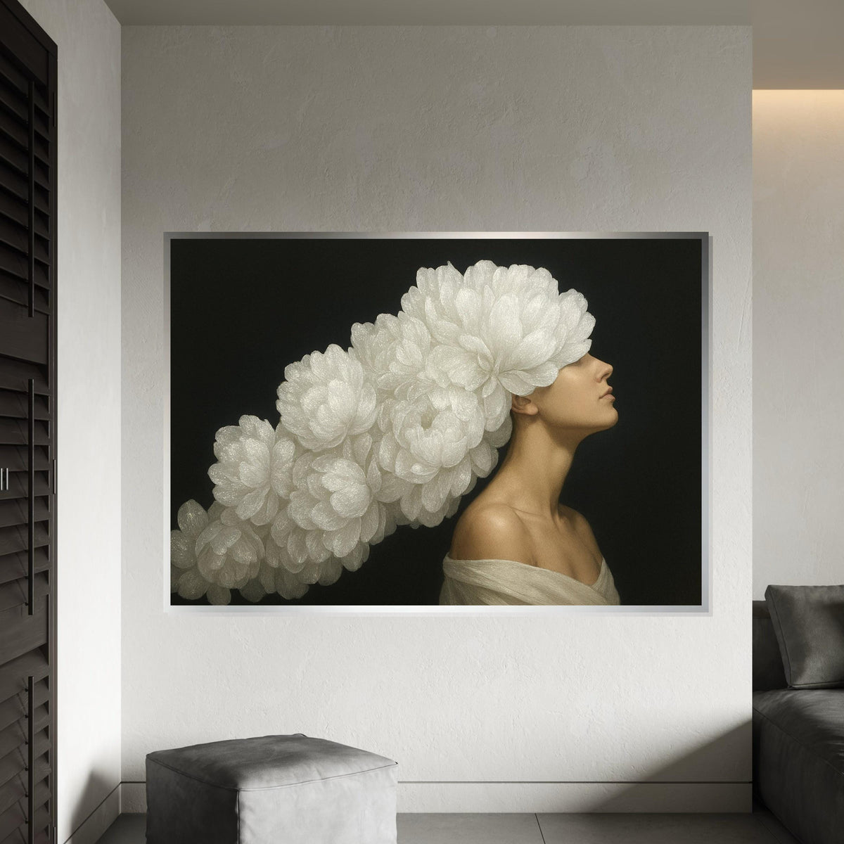 Floral Headdress Model Canvas, Flower Art, Portrait Wall Art Canvas Design, Elegant Art Print, Woman Poster Print, Ready to Hang Decoration