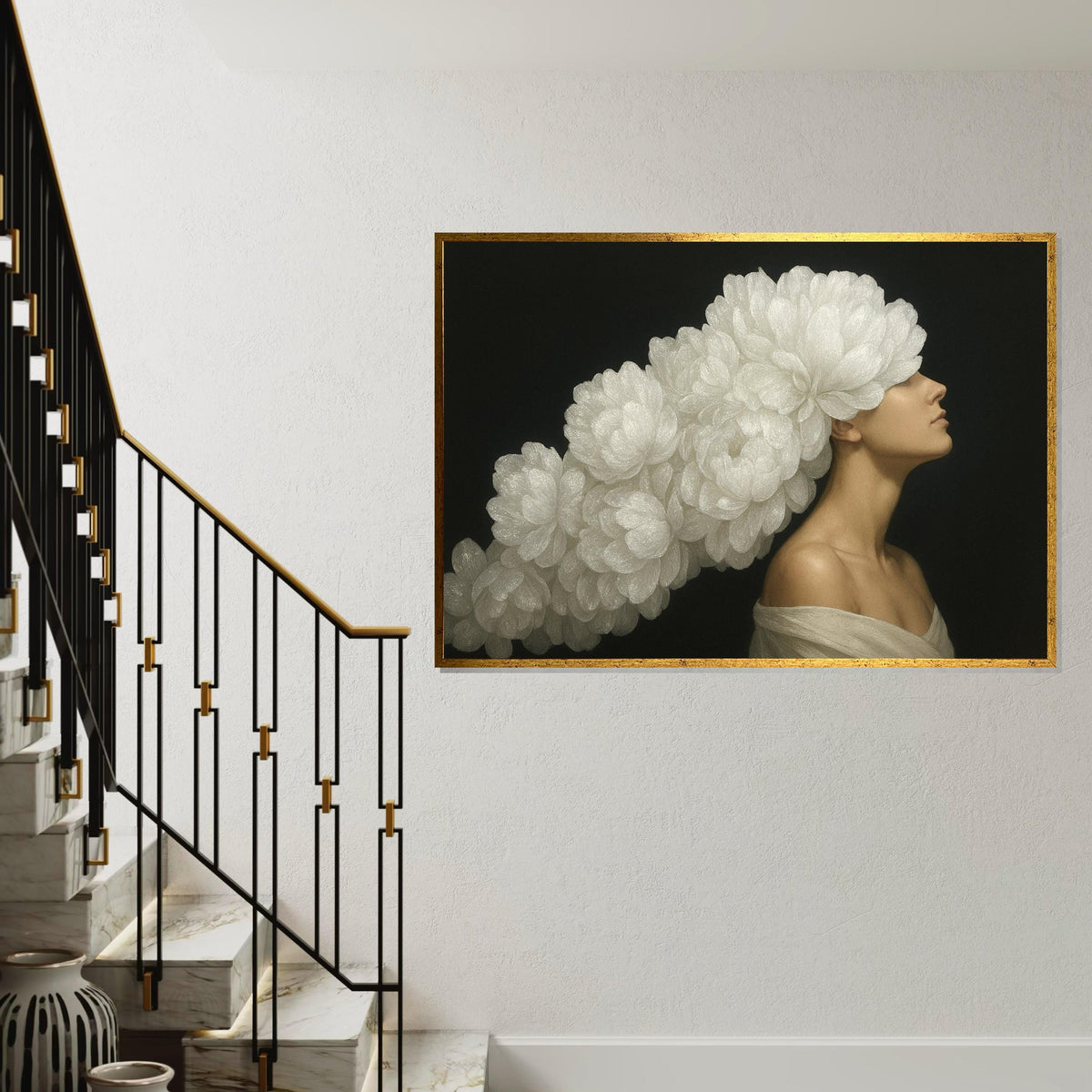Floral Headdress Model Canvas, Flower Art, Portrait Wall Art Canvas Design, Elegant Art Print, Woman Poster Print, Ready to Hang Decoration