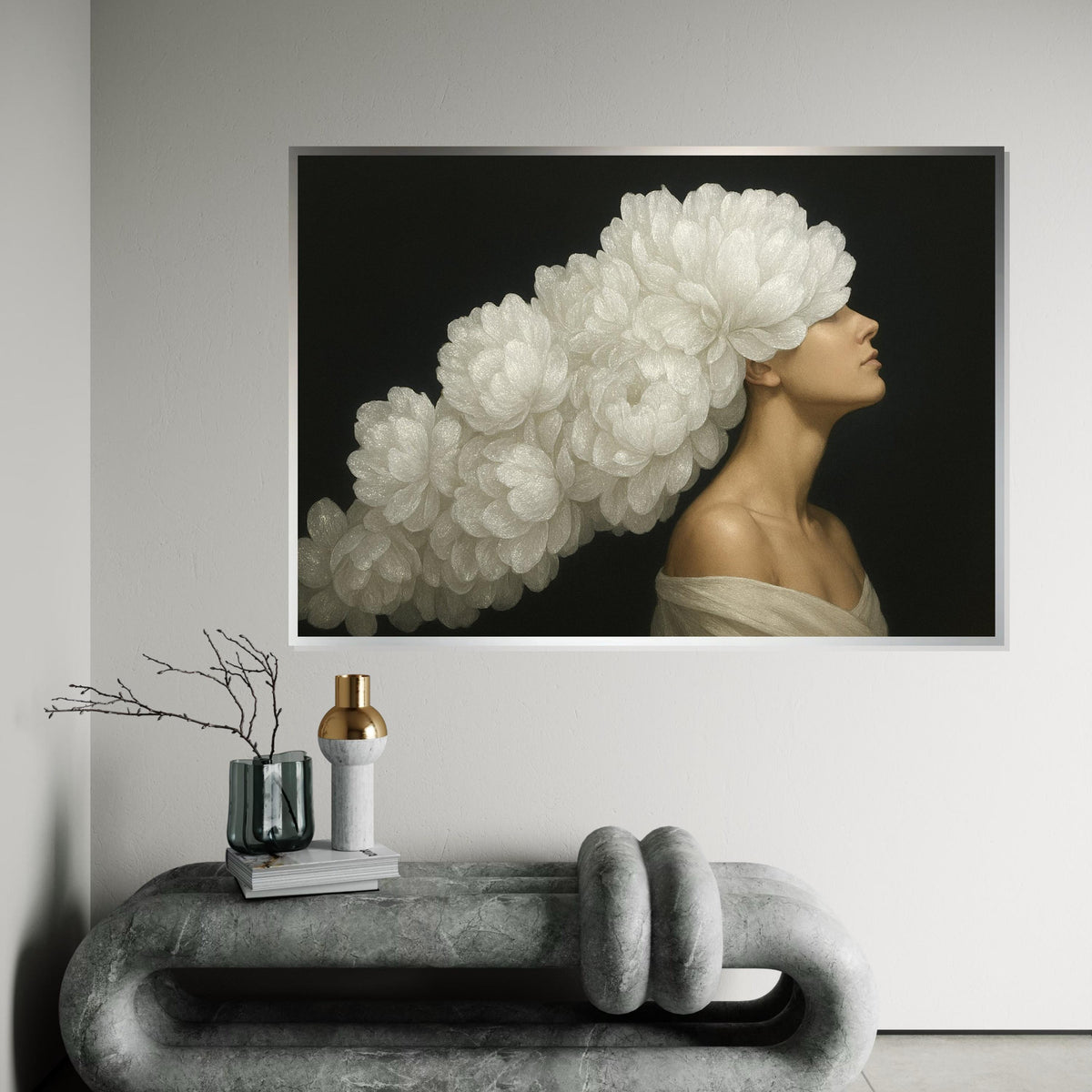 Floral Headdress Model Canvas, Flower Art, Portrait Wall Art Canvas Design, Elegant Art Print, Woman Poster Print, Ready to Hang Decoration