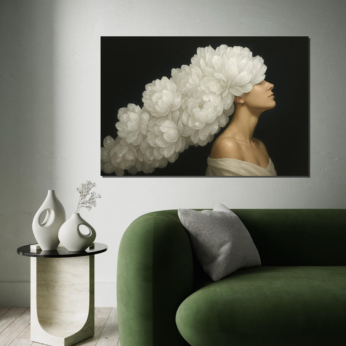 Floral Headdress Model Canvas, Flower Art, Portrait Wall Art Canvas Design, Elegant Art Print, Woman Poster Print, Ready to Hang Decoration