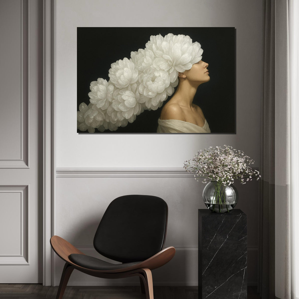 Floral Headdress Model Canvas, Flower Art, Portrait Wall Art Canvas Design, Elegant Art Print, Woman Poster Print, Ready to Hang Decoration
