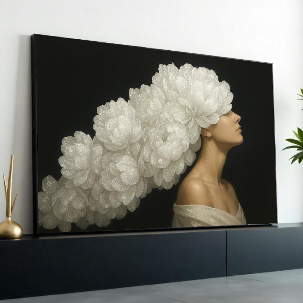 Floral Headdress Model Canvas, Flower Art, Portrait Wall Art Canvas Design, Elegant Art Print, Woman Poster Print, Ready to Hang Decoration