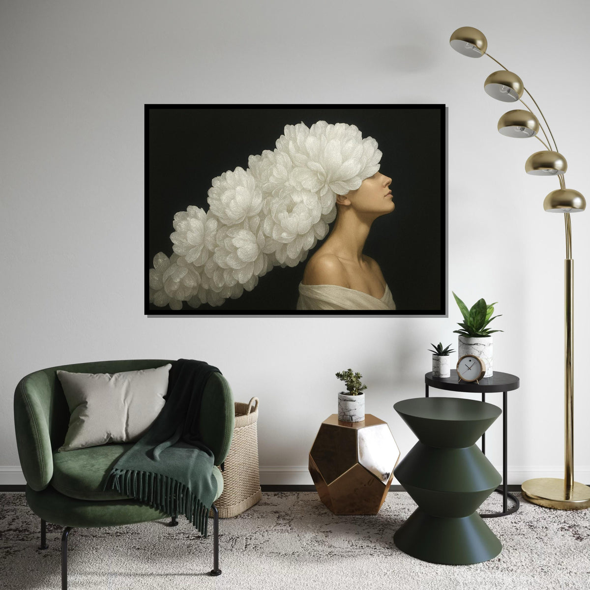 Floral Headdress Model Canvas, Flower Art, Portrait Wall Art Canvas Design, Elegant Art Print, Woman Poster Print, Ready to Hang Decoration