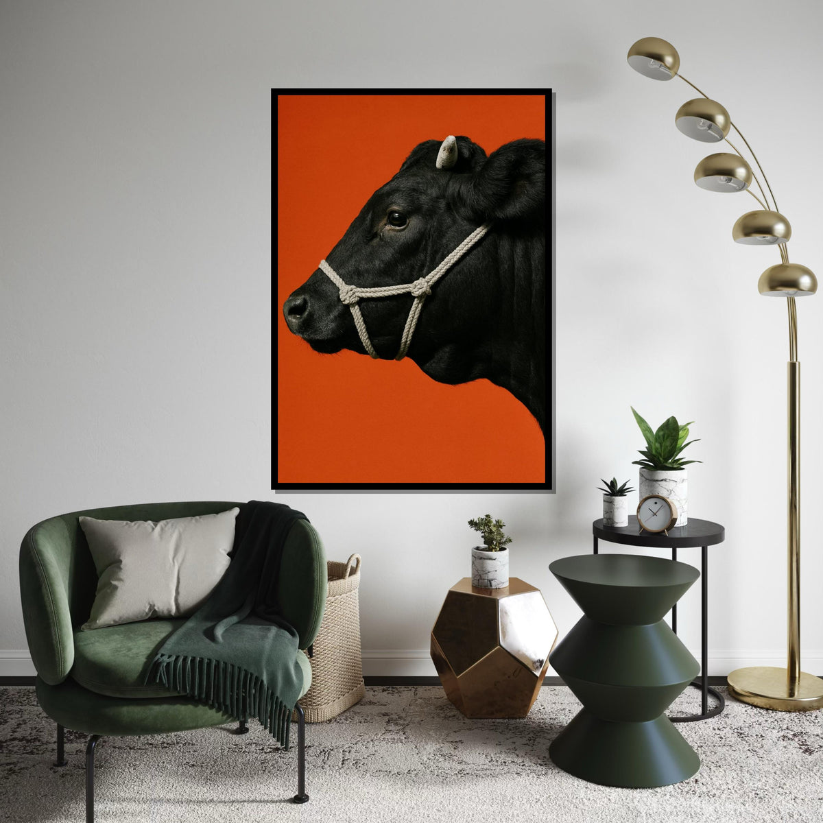Black Cow Canvas, Animal Wall Art, Cow Portrait, Bold Orange Background, Farmhouse Decor, Wall Art Canvas Design, Ready to Hang Decoration