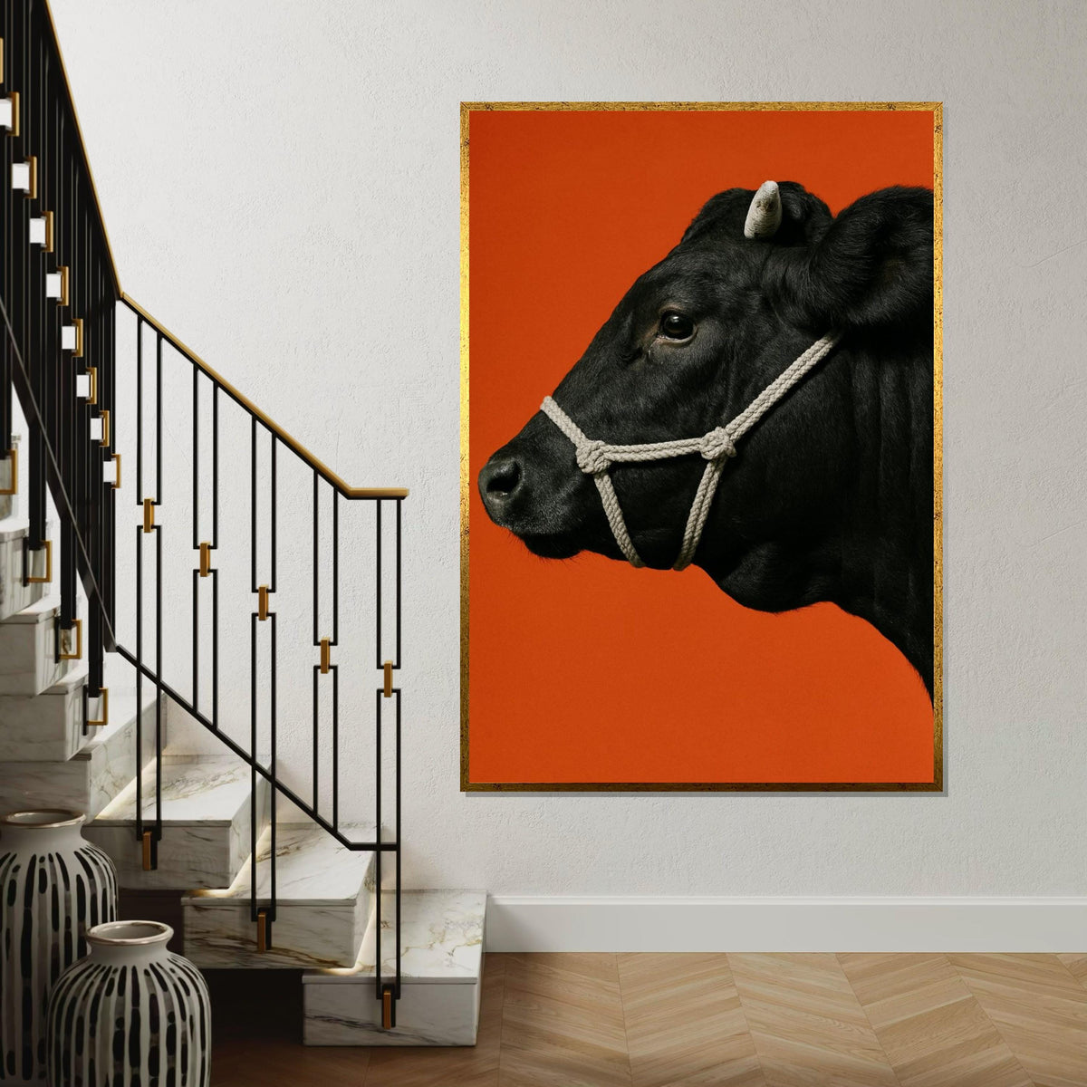 Black Cow Canvas, Animal Wall Art, Cow Portrait, Bold Orange Background, Farmhouse Decor, Wall Art Canvas Design, Ready to Hang Decoration