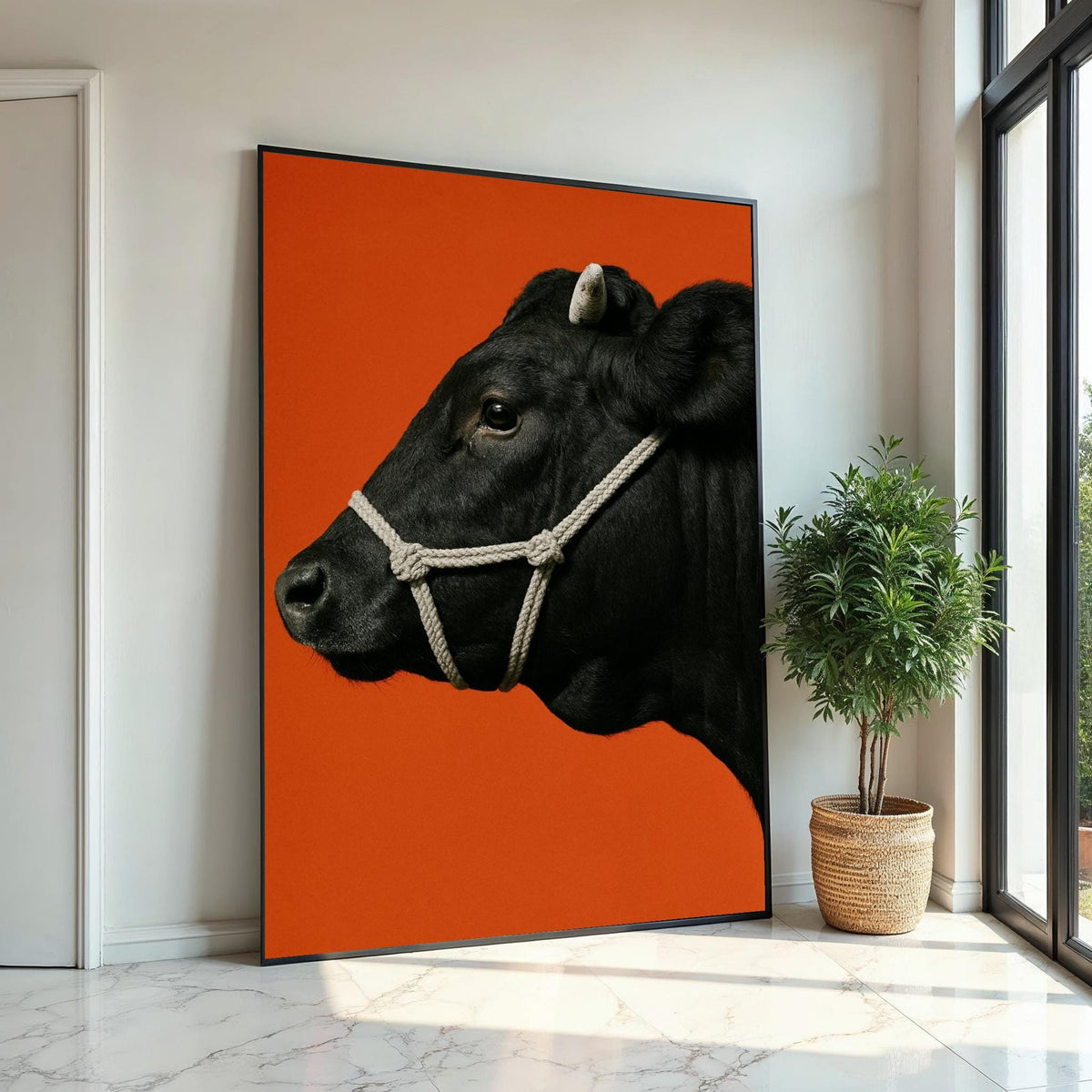 Black Cow Canvas, Animal Wall Art, Cow Portrait, Bold Orange Background, Farmhouse Decor, Wall Art Canvas Design, Ready to Hang Decoration