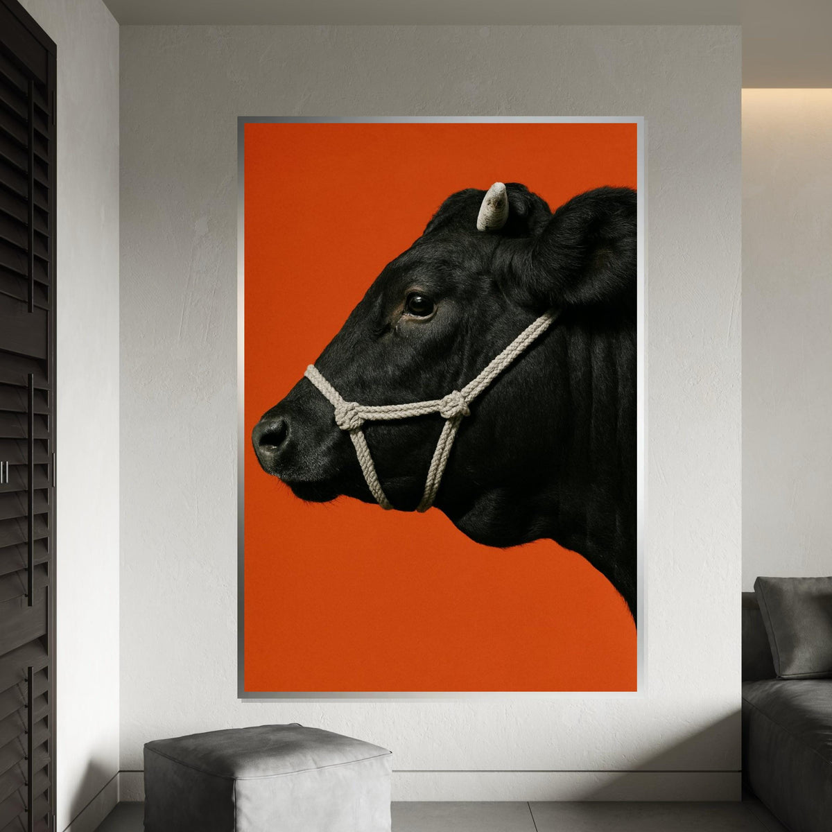 Black Cow Canvas, Animal Wall Art, Cow Portrait, Bold Orange Background, Farmhouse Decor, Wall Art Canvas Design, Ready to Hang Decoration
