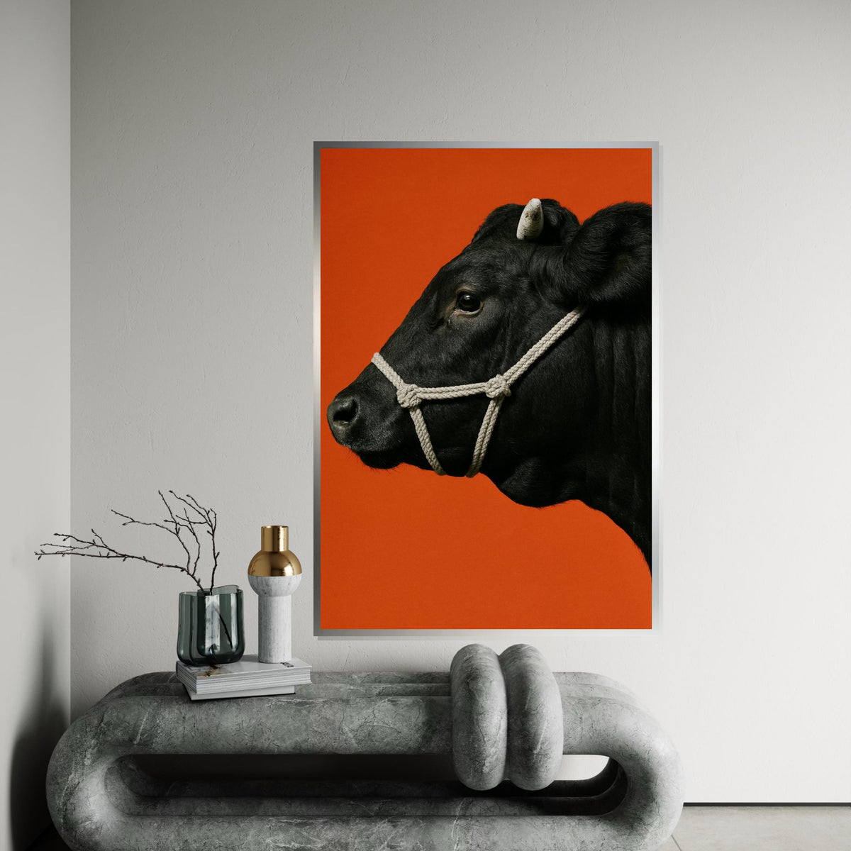 Black Cow Canvas, Animal Wall Art, Cow Portrait, Bold Orange Background, Farmhouse Decor, Wall Art Canvas Design, Ready to Hang Decoration