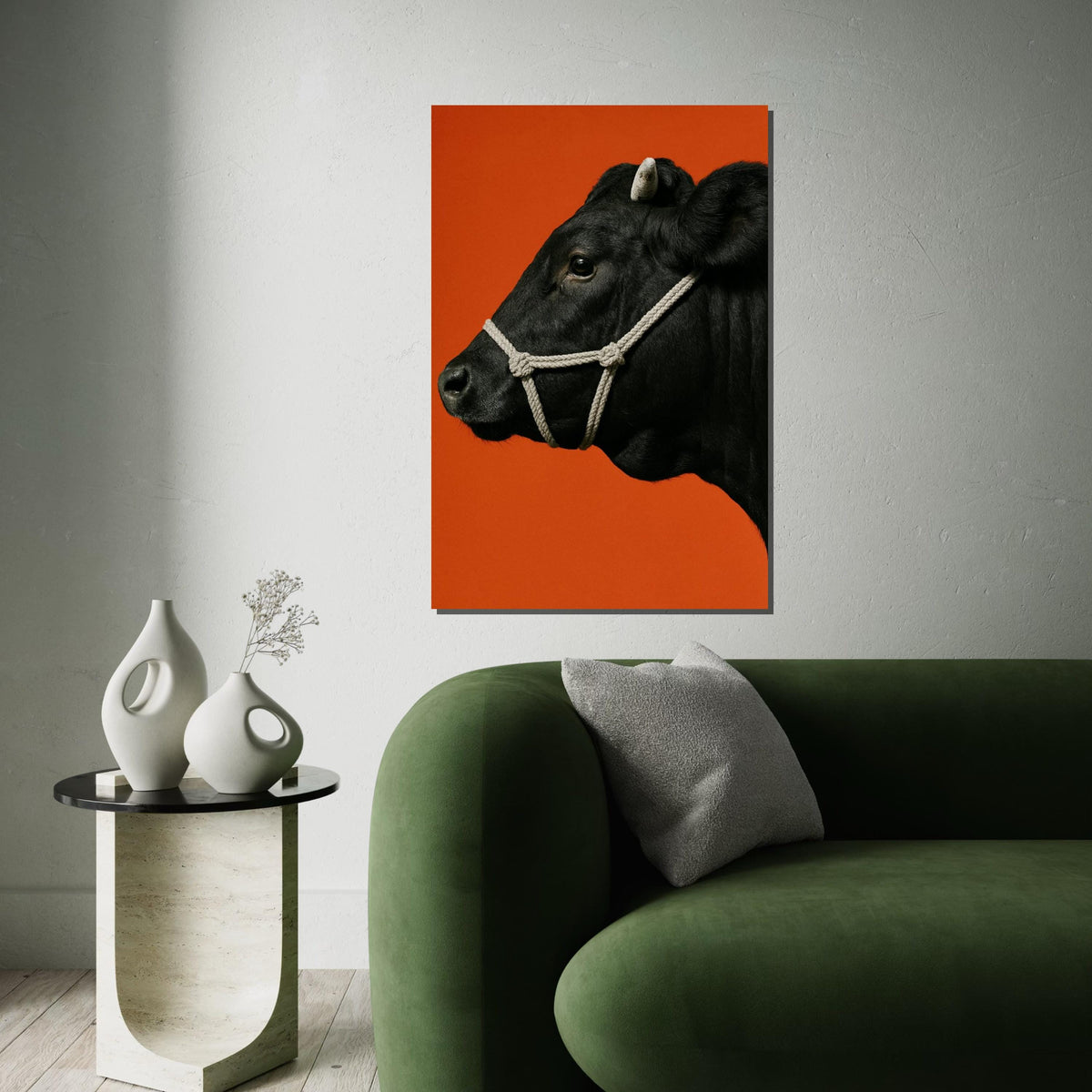 Black Cow Canvas, Animal Wall Art, Cow Portrait, Bold Orange Background, Farmhouse Decor, Wall Art Canvas Design, Ready to Hang Decoration