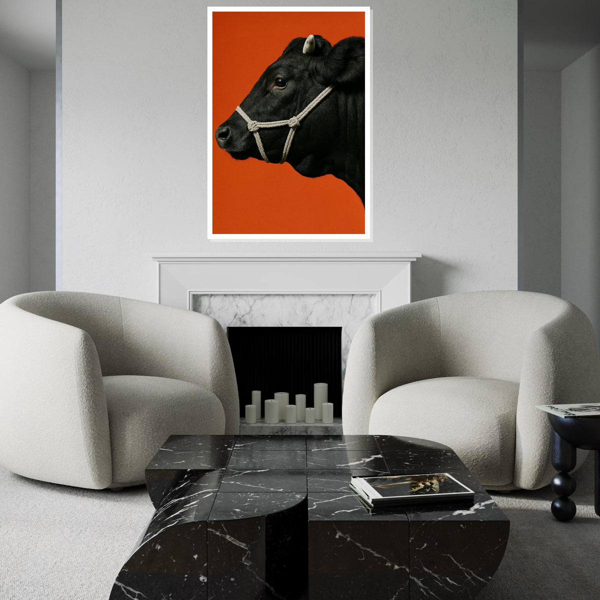 Black Cow Canvas, Animal Wall Art, Cow Portrait, Bold Orange Background, Farmhouse Decor, Wall Art Canvas Design, Ready to Hang Decoration