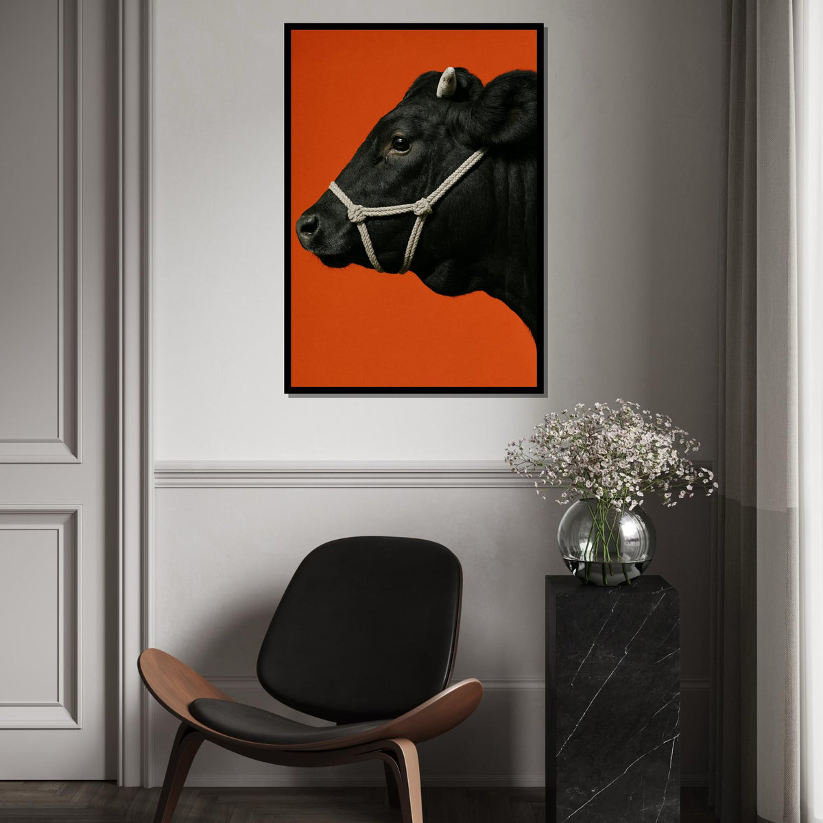 Black Cow Canvas, Animal Wall Art, Cow Portrait, Bold Orange Background, Farmhouse Decor, Wall Art Canvas Design, Ready to Hang Decoration