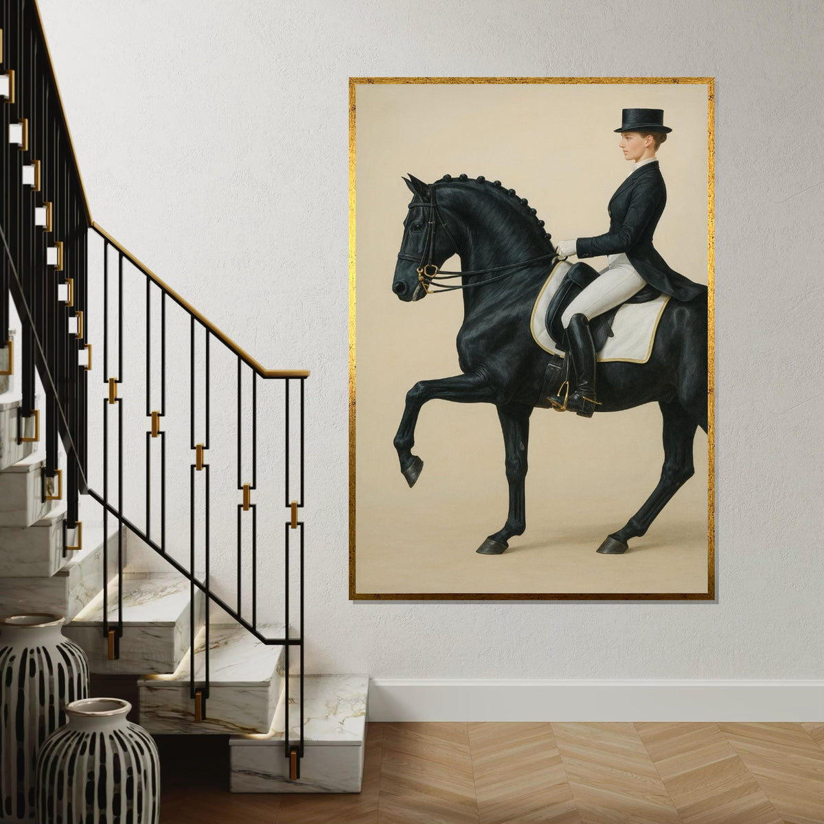 Elegant Equine Rider Canvas, Black Horse Wall Art, Equestrian Portrait, Wall Art Canvas Design, Ready To Hang Decoration, Print Art
