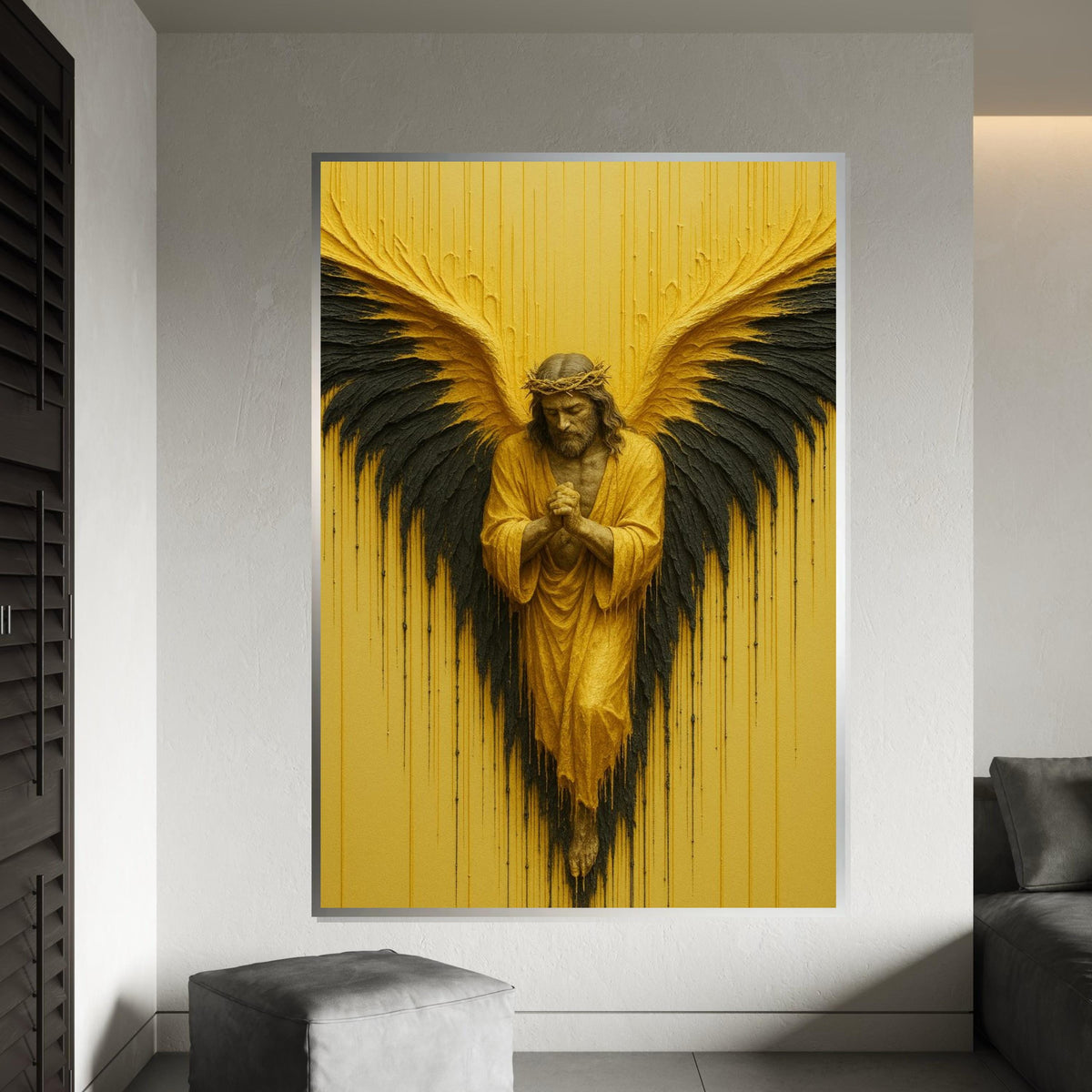 Golden Angel Canvas Wall Art, Praying Angel Wings, Spiritual Decor, Wall Art Canvas Design, Ready to Hang Decoration