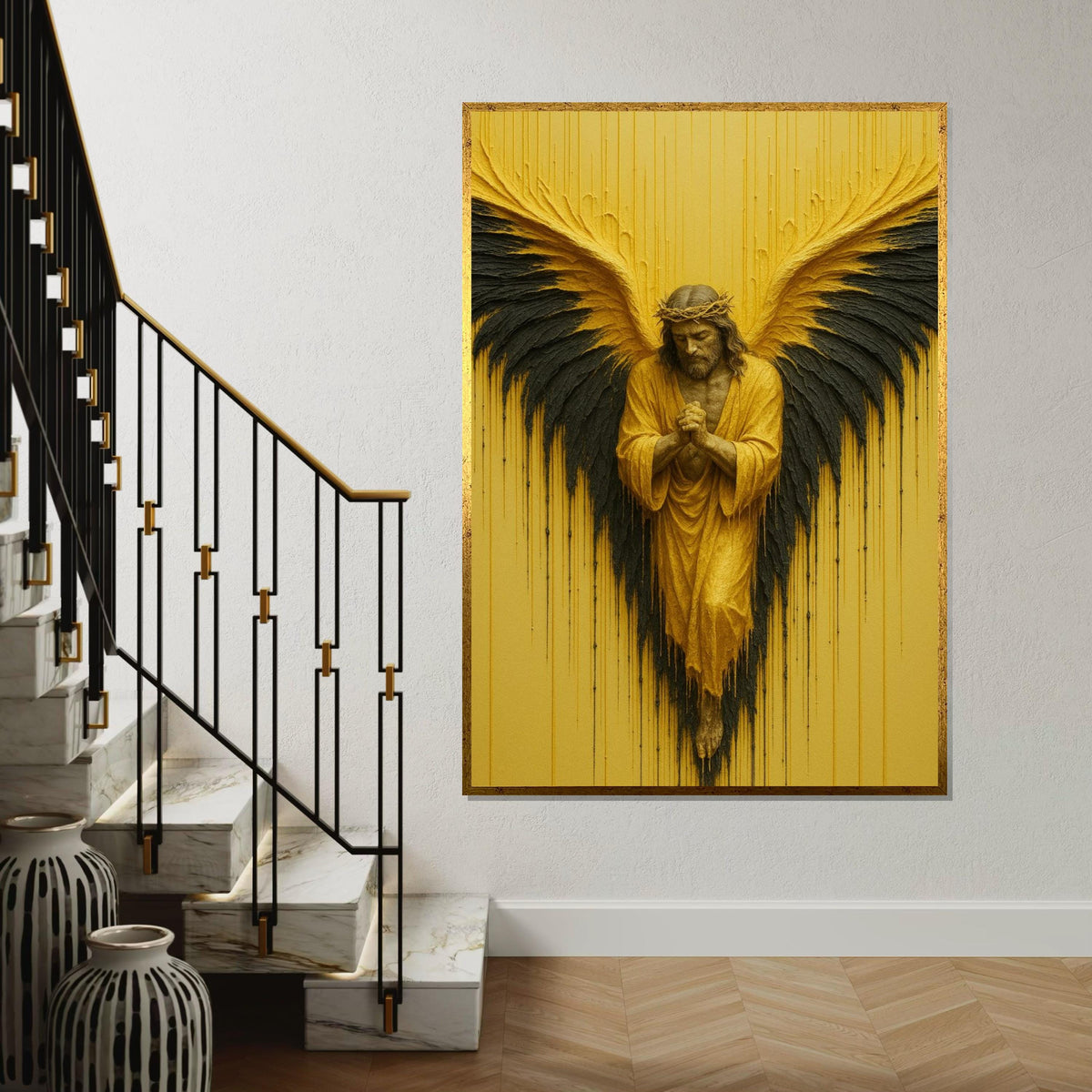 Golden Angel Canvas Wall Art, Praying Angel Wings, Spiritual Decor, Wall Art Canvas Design, Ready to Hang Decoration