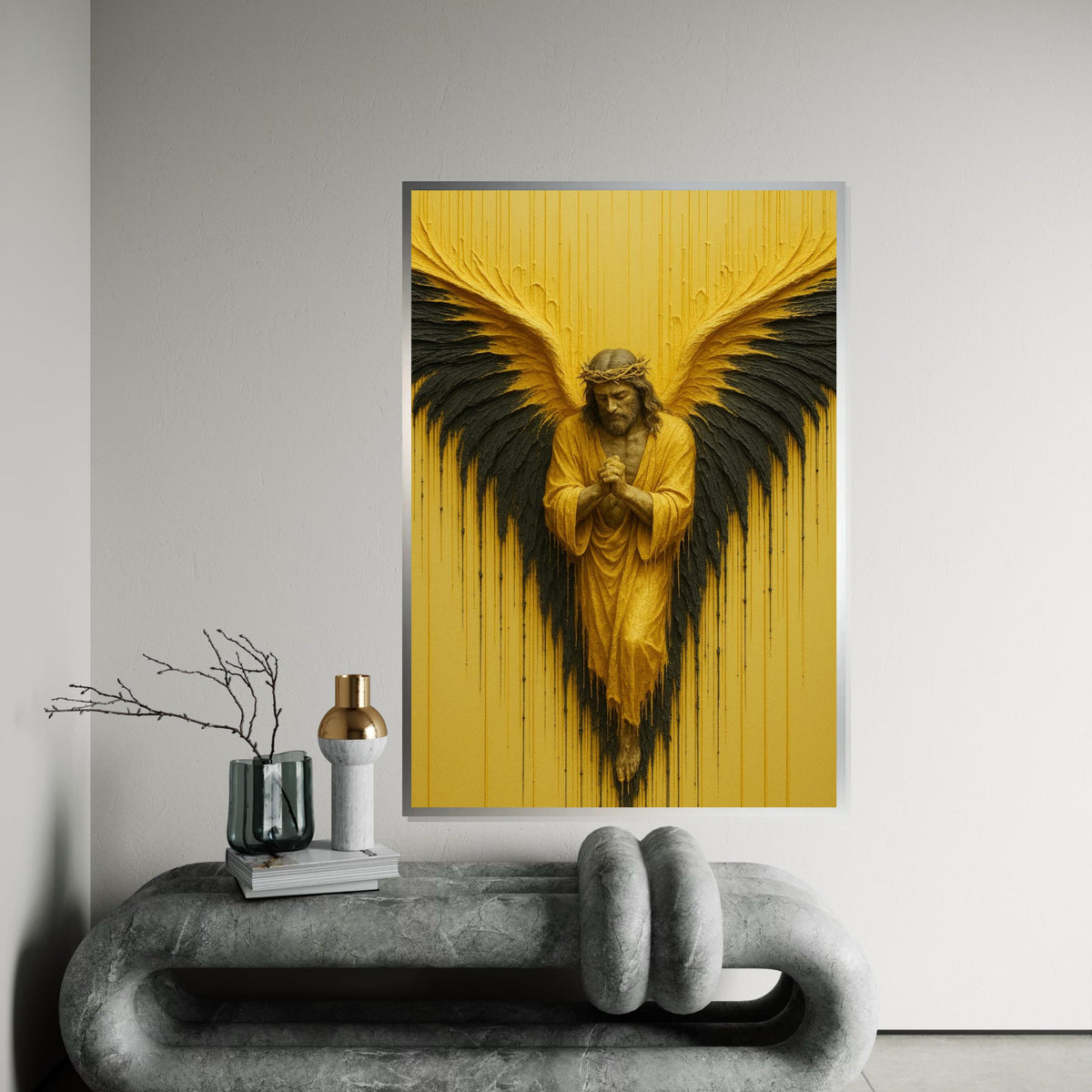 Golden Angel Canvas Wall Art, Praying Angel Wings, Spiritual Decor, Wall Art Canvas Design, Ready to Hang Decoration